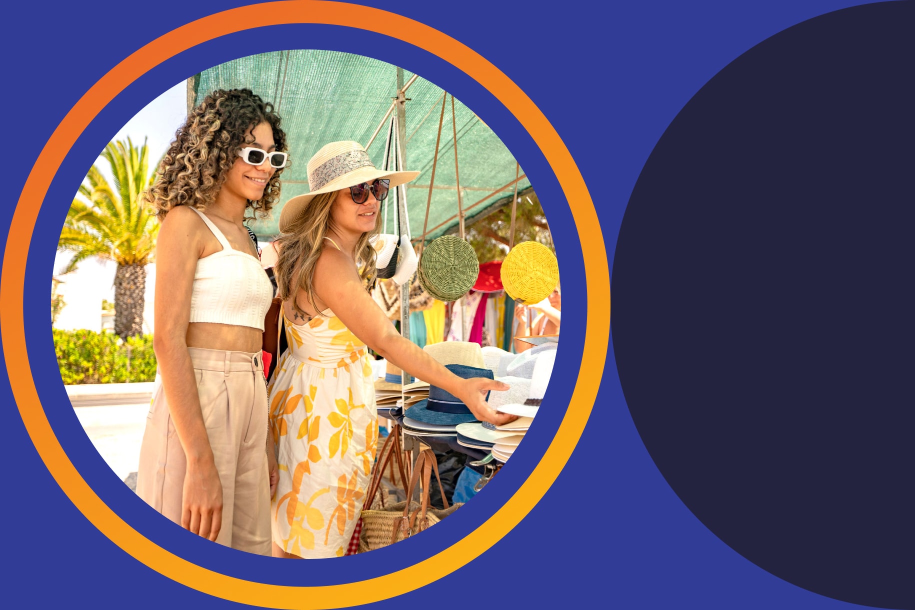 two tourists shopping at a street market for sun hats