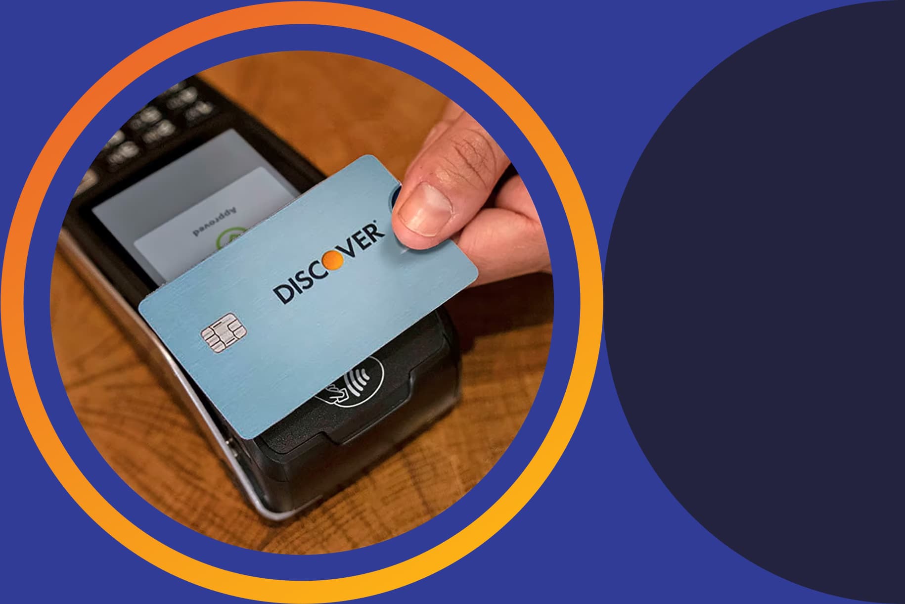 close up view of contactless discover card payment