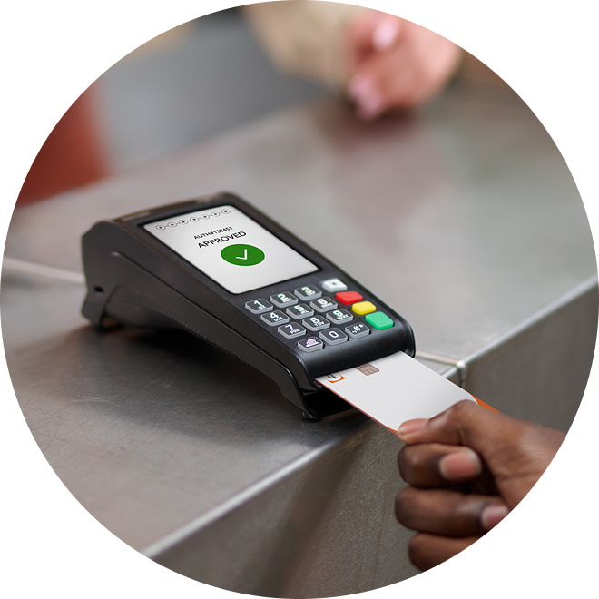 Customer inserts chip card into POS termina