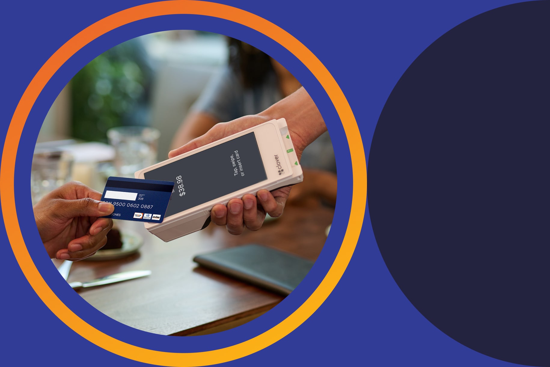 tap and pay with Discover debit card payment at restaurant table